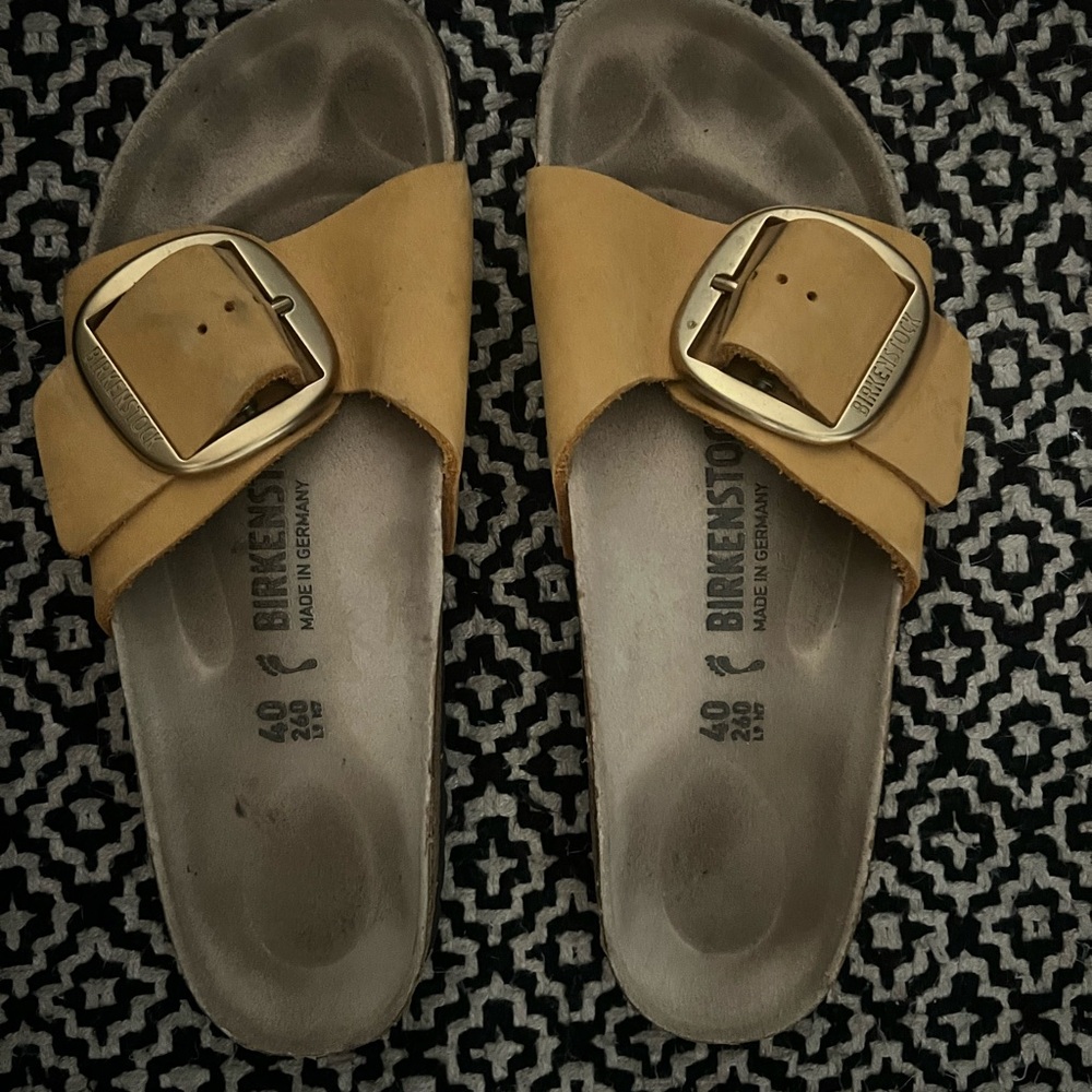 Birkenstock Tan Slides with Gold Buckle